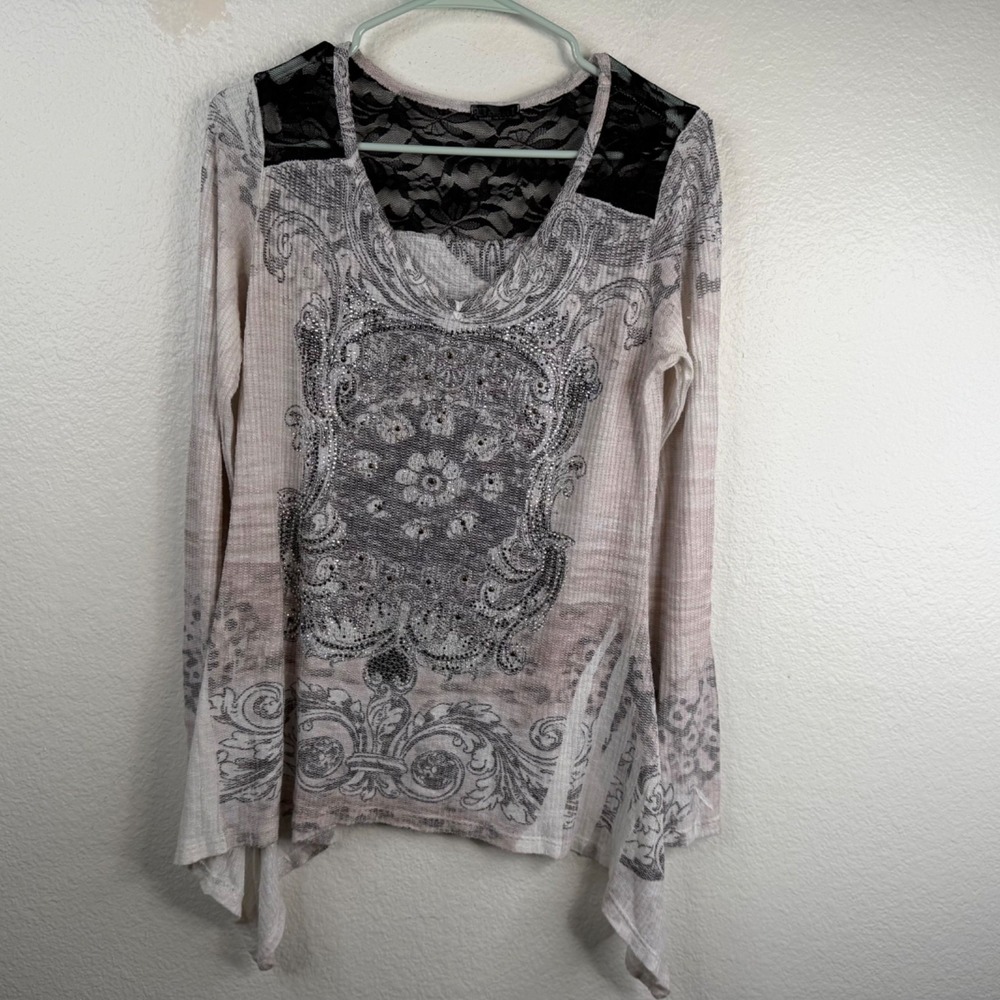 Vocal Women's Top Gray White Sz L Y2K Lace Bling Fairy Grunge Asymmetrical